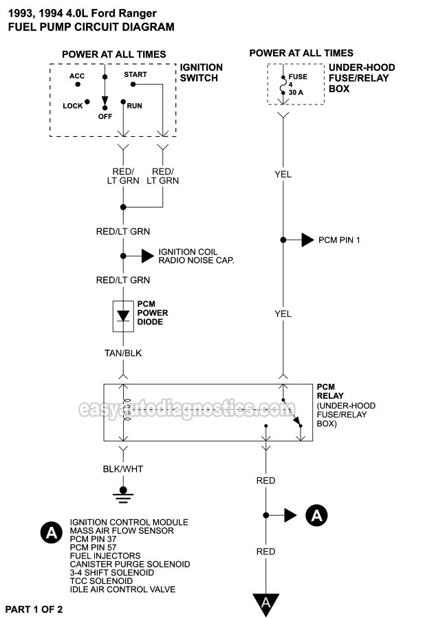 Fuel Pump Circuit Wiring Diagram PART 1 of 2 -1993, 1994 4.0L Ford Ranger