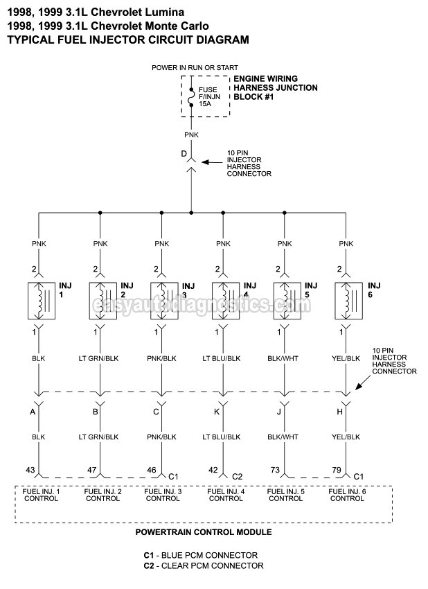 Fuel Injector Circuit Diagram (1998-1999 3.1L V6 Chevrolet Lumina, Monte Carlo) Fuel Injector Circuit Diagram (1998-1999 3.1L V6 Chevrolet Lumina, Monte Carlo)