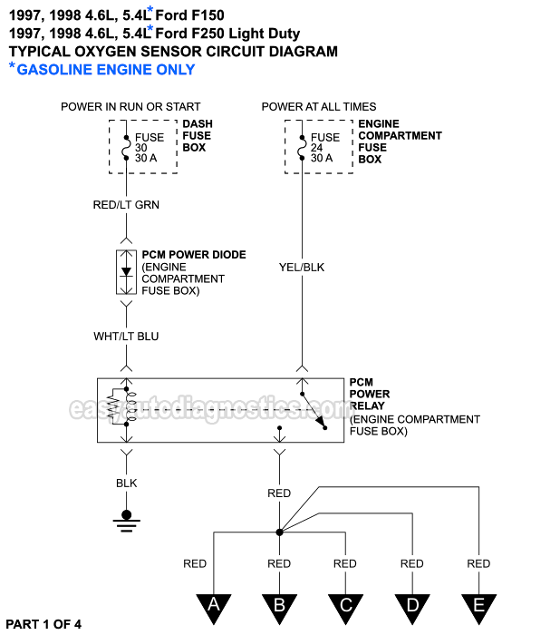 Oxygen Sensors Circuit Wiring Diagram (1997-1998 4.6L, 5.4L V8 Ford F150, F250 Light Duty)