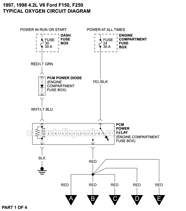 PART 1 of 4: Oxygen Sensors Circuit Wiring Diagram (1997, 1998 4.2L V6 Ford F150, F250 Light Duty)