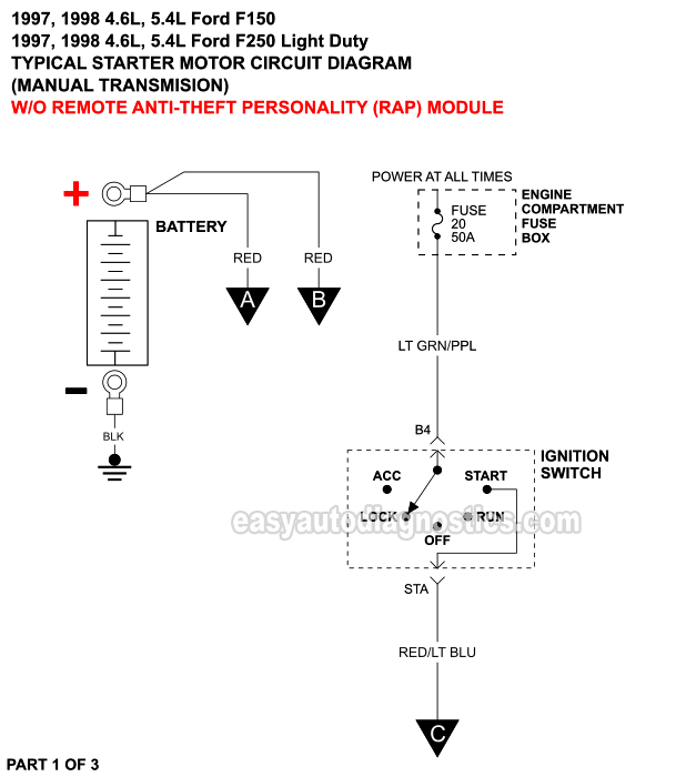 PART 1 of 3: Starter Motor Wiring Diagram With Manual Transmission And Without Anti-Theft (1997, 1998 4.6L, 5.4L V8 Ford F150 And F250 Light Duty)