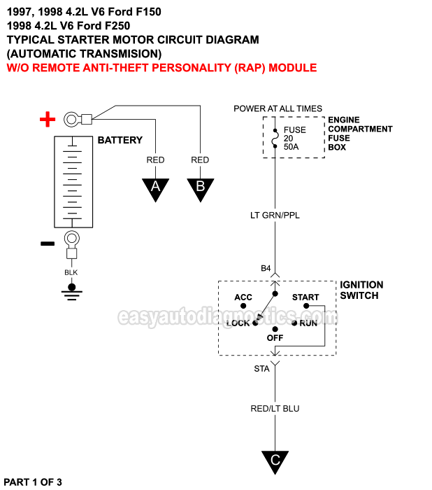 PART 1 of 3: Starter Motor Wiring Diagram With Automatic Transmission And Without Anti-Theft (1997, 1998 4.2L V6 Ford F150 And F250 Light Duty)