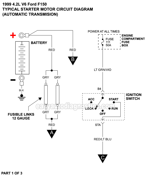 Starter Motor Circuit Wiring Diagram (1999 4.2L V6 Ford F150)