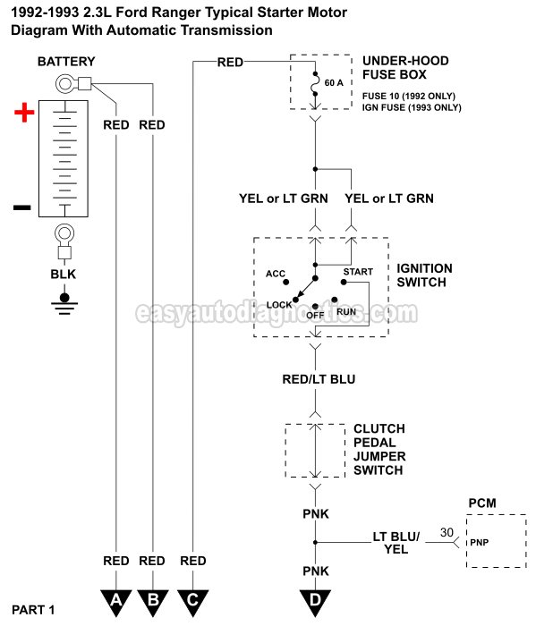 1992-1994 2.3L Ford Ranger Starter Motor Circuit Wiring Diagram