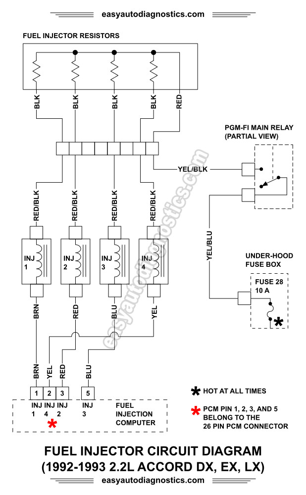 1992, 1993 2.2L Honda Accord DX, LX, And EX Fuel Injector Circuit Wiring Diagram