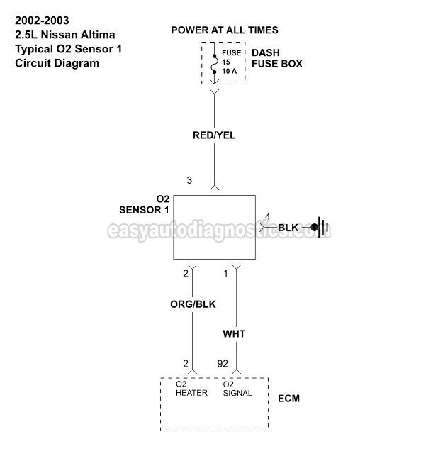 Heated Oxygen Sensor 1 Circuit Diagram. Testing The Oxygen Sensor 1 Heater (2002-2003 2.5L Nissan Altima)