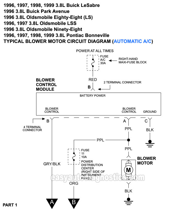 Blower Motor Circuit Wiring Diagram PART 1 -1996, 1997, 1998, 1999 3.8L Buick LeSabre, Park Avenue. 1996, 1997, 1998, 1999 3.8L Oldsmobile Eighty-Eight, Ninety-Eight. Pontiac Bonneville