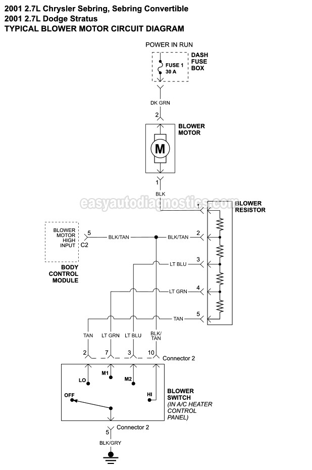 Blower Motor Circuit Diagram -2001 2.7L V6 Chrysler Sebring (4 Door Sedan), Chrysler Sebring Convertible, And Dodge Stratus (4 Door Sedan)