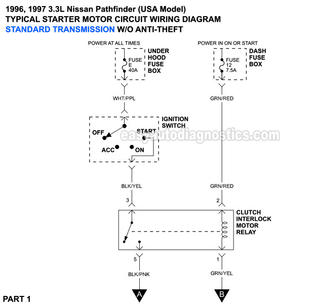 Part 1 -Starter Motor Circuit Diagram With Standard Transmission And Without Anti-Theft (1996, 1997 3.0L Nissan Pathfinder)